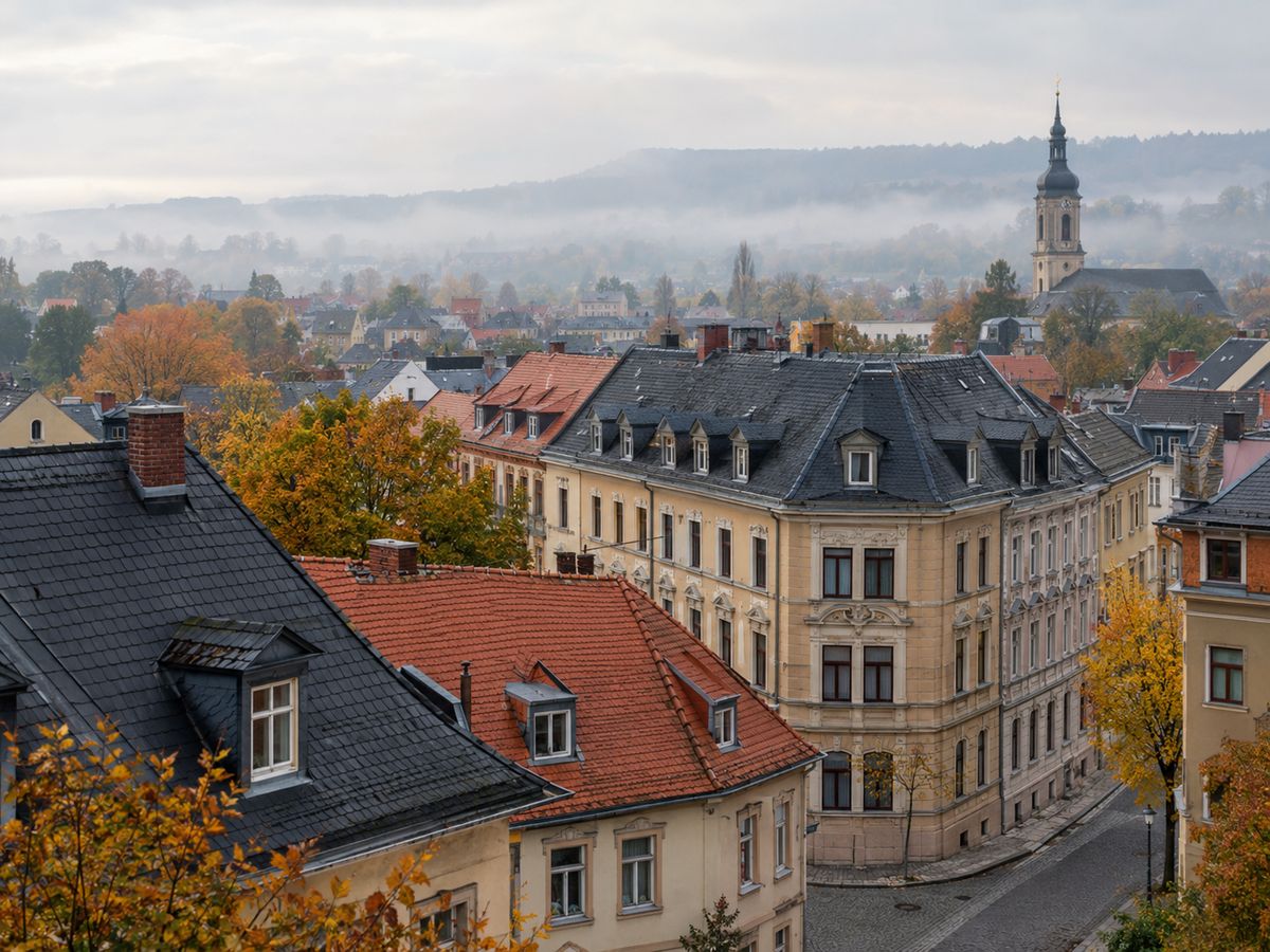 Dächer einer sächsischen Kleinstadt im Herbstnebel, Schiefer- und Ziegeldächer, im Hintergrund ein Kirchturm